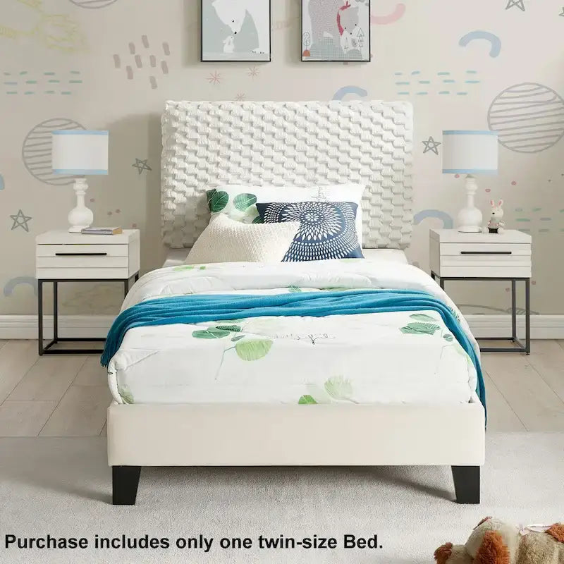 Cama con plataforma tapizada 3D White Dove de felpa – Individual / Matrimonial / Queen, 1 persona
