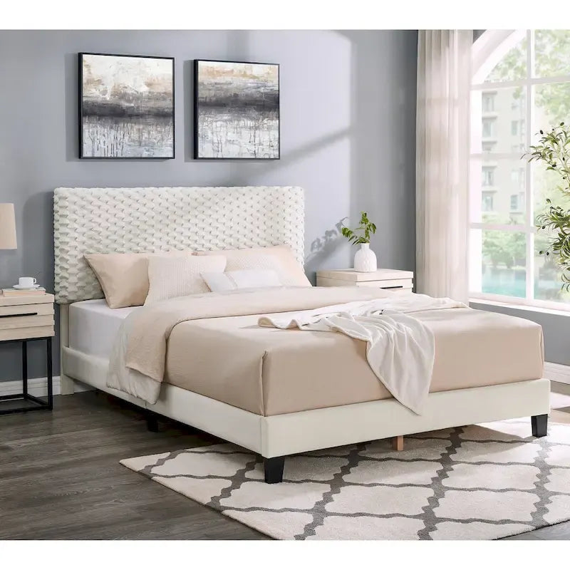Cama con plataforma tapizada 3D White Dove de felpa – Individual / Matrimonial / Queen, 1 persona