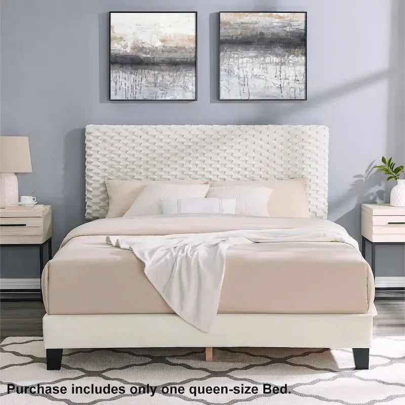 Cama con plataforma tapizada 3D White Dove de felpa – Individual / Matrimonial / Queen, 1 persona
