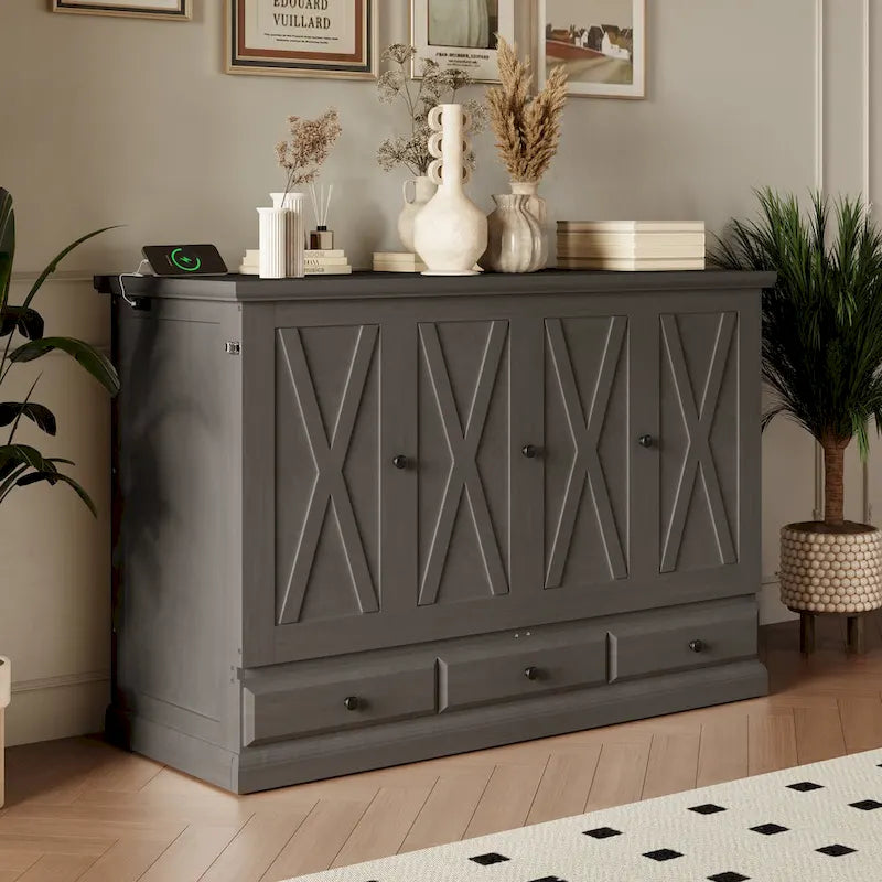 Cama Murphy Queen estilo gabinete blanca/gris con cajón, capacidad para 1 o 2 personas