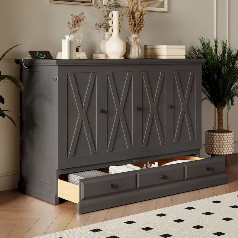 Cama Murphy Queen estilo gabinete blanca/gris con cajón, capacidad para 1 o 2 personas