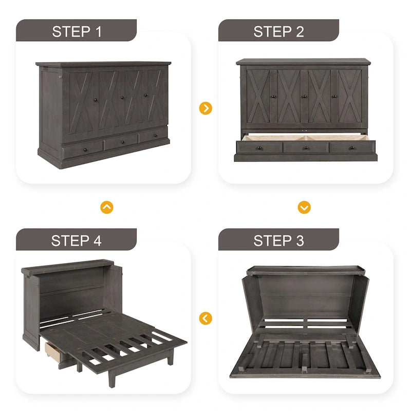 Cama Murphy Queen estilo gabinete blanca/gris con cajón, capacidad para 1 o 2 personas