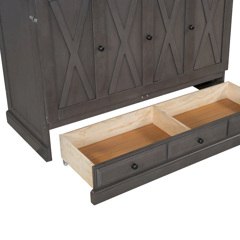 Cama Murphy Queen estilo gabinete blanca/gris con cajón, capacidad para 1 o 2 personas