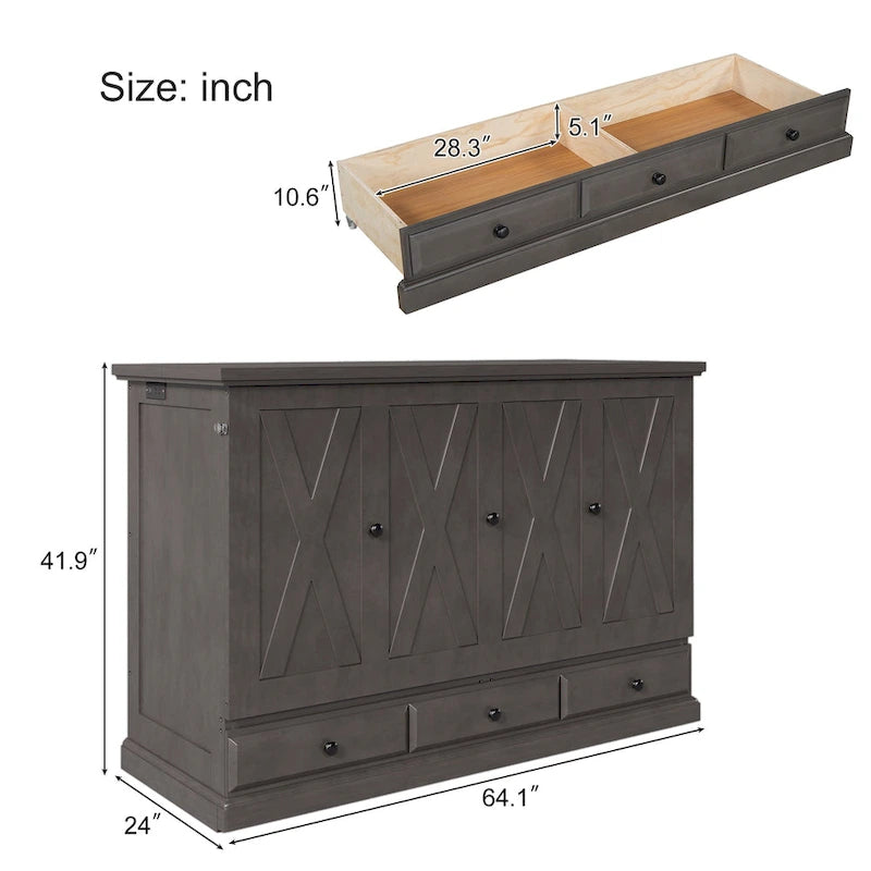 Cama Murphy Queen estilo gabinete blanca/gris con cajón, capacidad para 1 o 2 personas